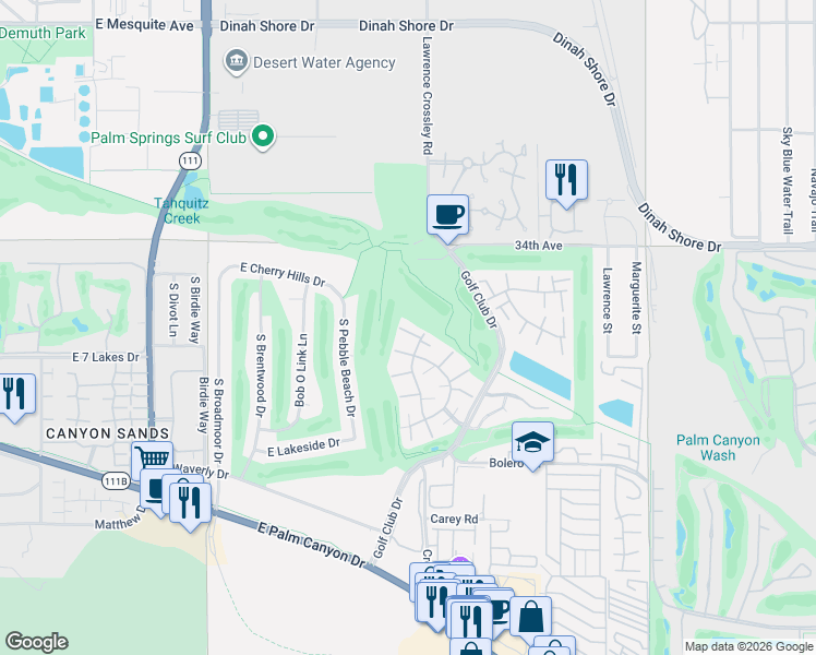map of restaurants, bars, coffee shops, grocery stores, and more near 2225 Los Patos Drive in Palm Springs