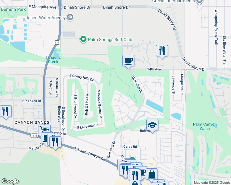 map of restaurants, bars, coffee shops, grocery stores, and more near 2225 Los Patos Drive in Palm Springs