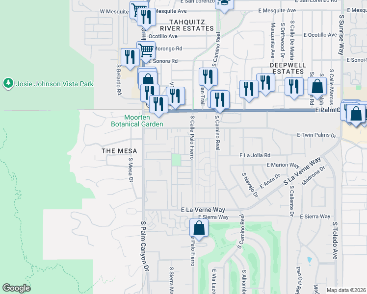 map of restaurants, bars, coffee shops, grocery stores, and more near 320 Lei Drive in Palm Springs