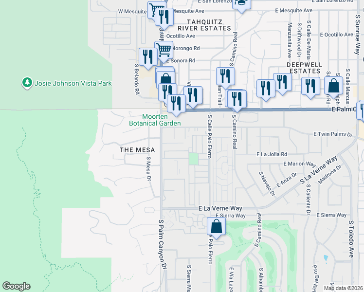 map of restaurants, bars, coffee shops, grocery stores, and more near 8 Bali Drive in Palm Springs
