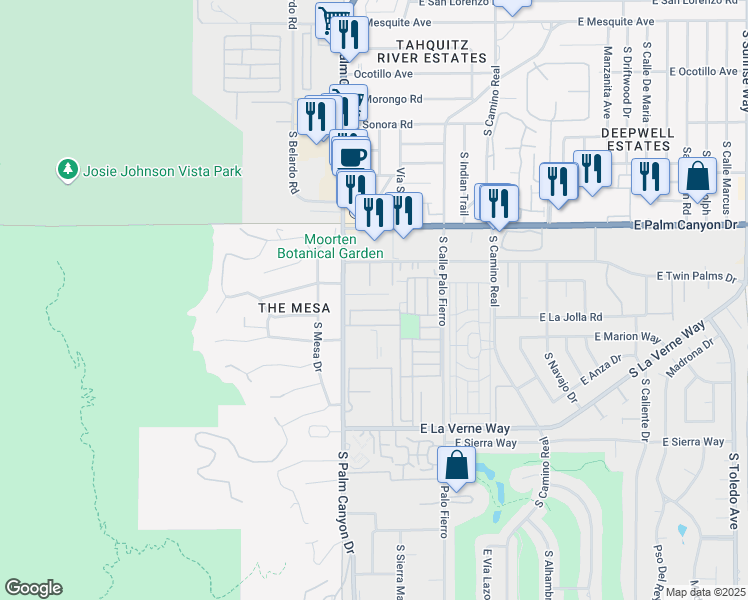 map of restaurants, bars, coffee shops, grocery stores, and more near 8 Bali Drive in Palm Springs