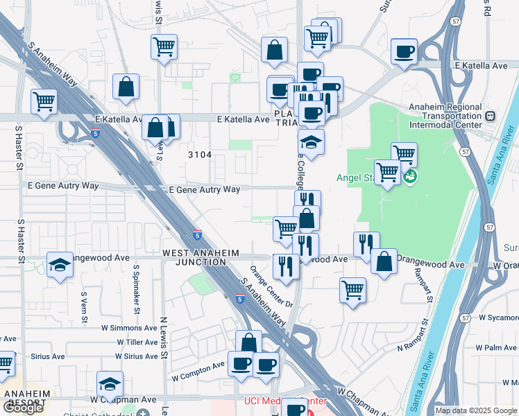 map of restaurants, bars, coffee shops, grocery stores, and more near 1950 South Jacaranda Street in Anaheim