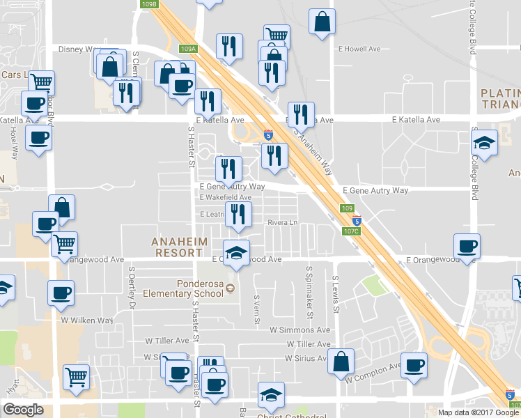 map of restaurants, bars, coffee shops, grocery stores, and more near 315 Pearson Avenue in Anaheim