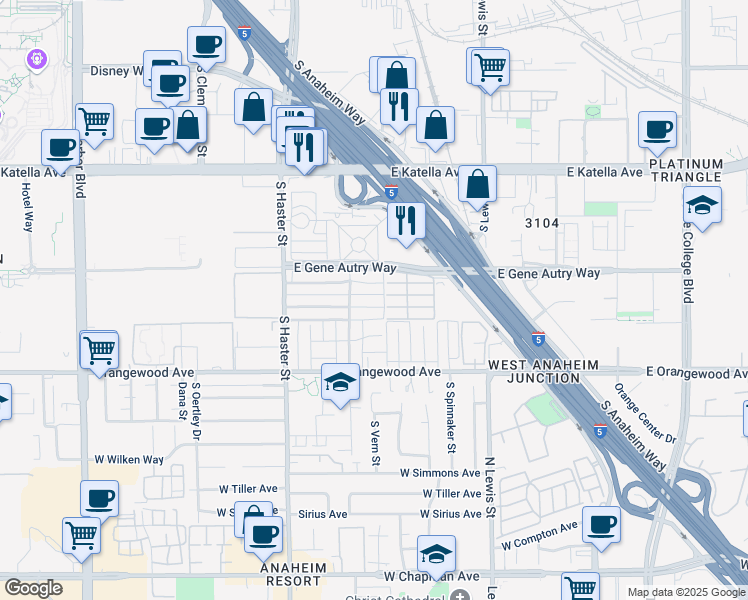 map of restaurants, bars, coffee shops, grocery stores, and more near 315 Pearson Avenue in Anaheim