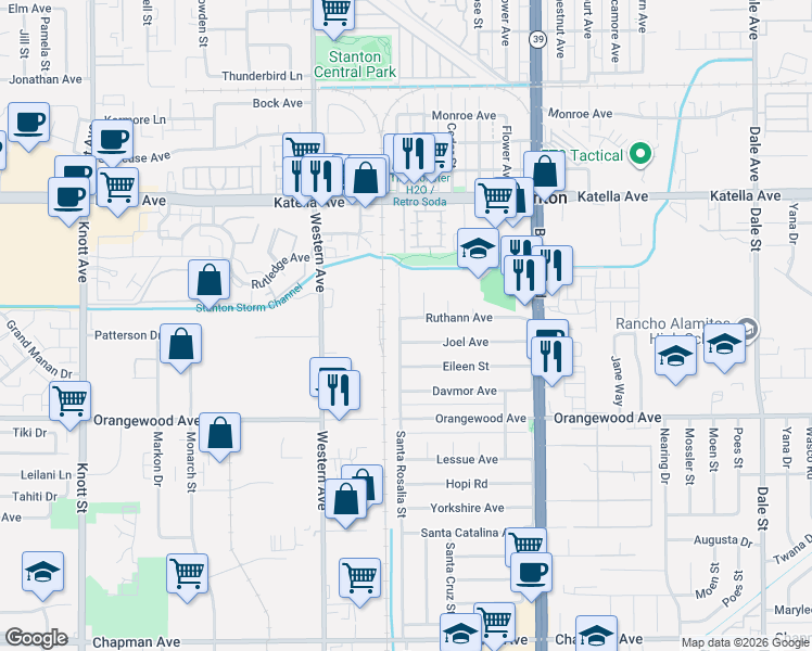 map of restaurants, bars, coffee shops, grocery stores, and more near 11321 Santa Rosalia Street in Stanton