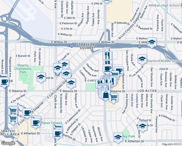 map of restaurants, bars, coffee shops, grocery stores, and more near 2283 Stearnlee Avenue in Long Beach