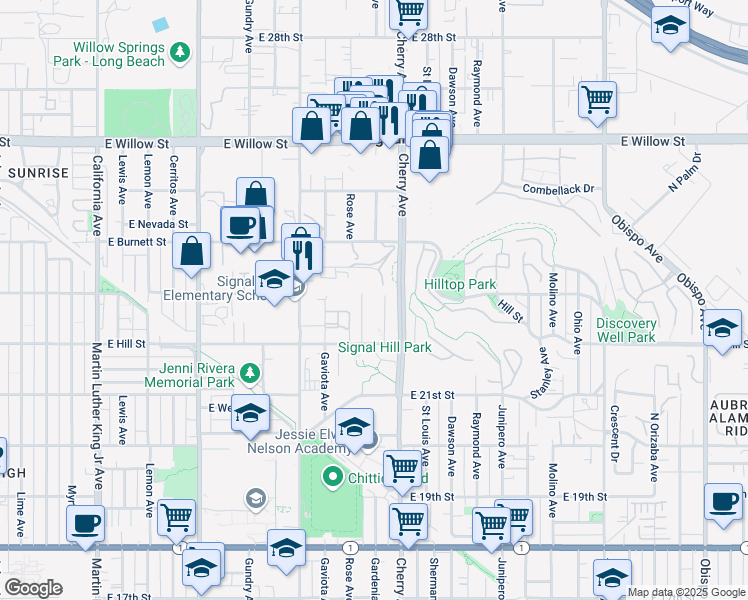 map of restaurants, bars, coffee shops, grocery stores, and more near 2299 North Legion Drive in Signal Hill