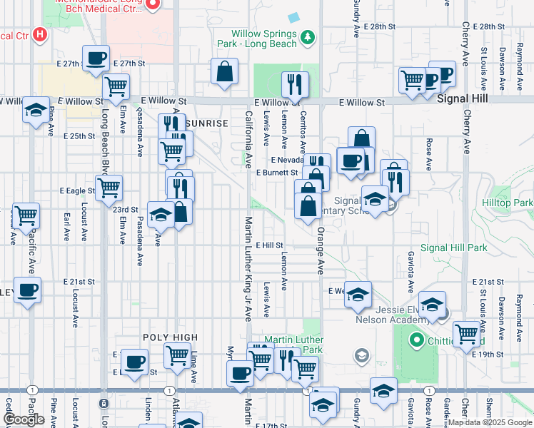 map of restaurants, bars, coffee shops, grocery stores, and more near 2239 Lemon Avenue in Long Beach