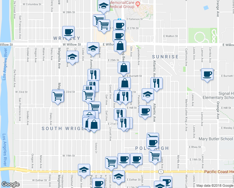 map of restaurants, bars, coffee shops, grocery stores, and more near 2247 Long Beach Boulevard in Long Beach