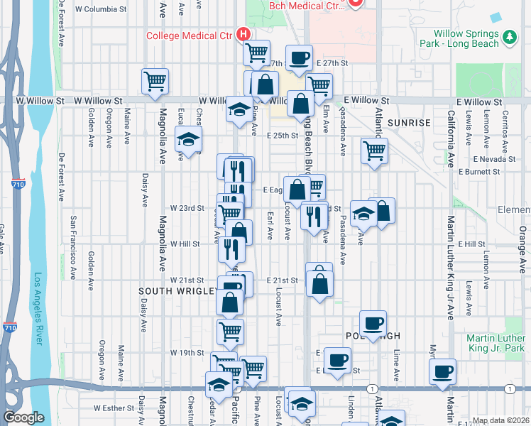 map of restaurants, bars, coffee shops, grocery stores, and more near 2250 Pine Avenue in Long Beach