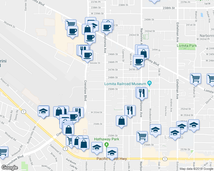 map of restaurants, bars, coffee shops, grocery stores, and more near 2354 250th Street in Lomita