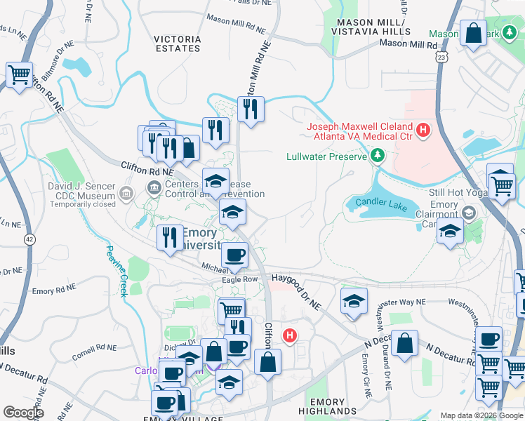 map of restaurants, bars, coffee shops, grocery stores, and more near 791 Houston Mill Road Northeast in Atlanta
