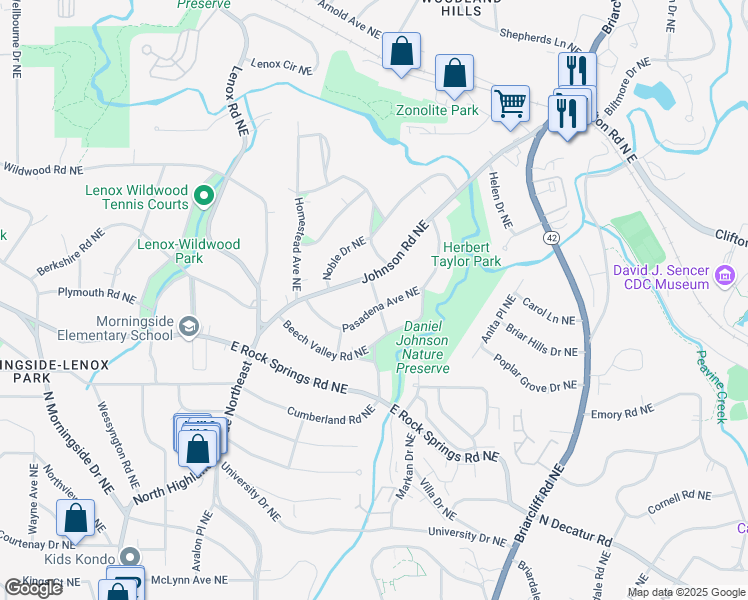 map of restaurants, bars, coffee shops, grocery stores, and more near 1290 Pasadena Avenue Northeast in Atlanta