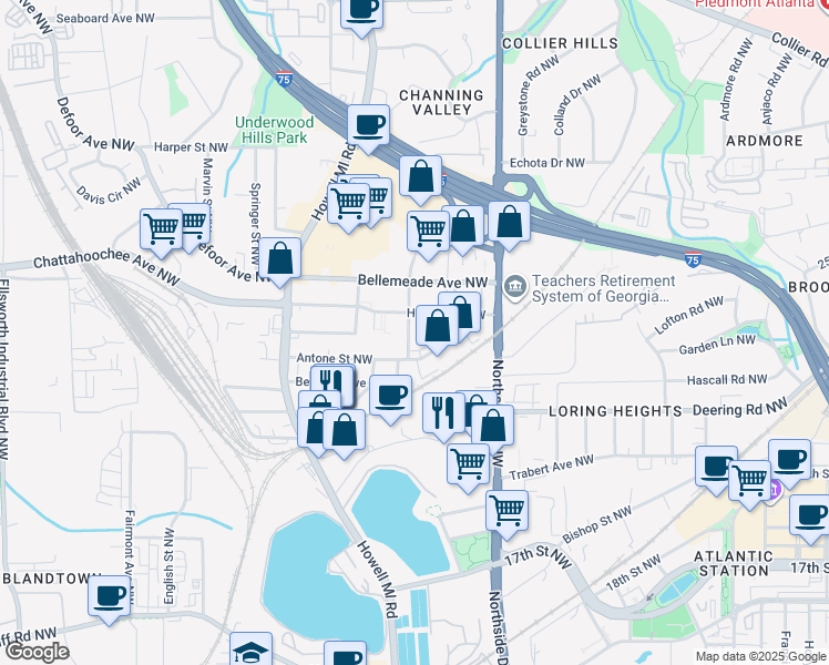 map of restaurants, bars, coffee shops, grocery stores, and more near 701 Antone Street Northwest in Atlanta