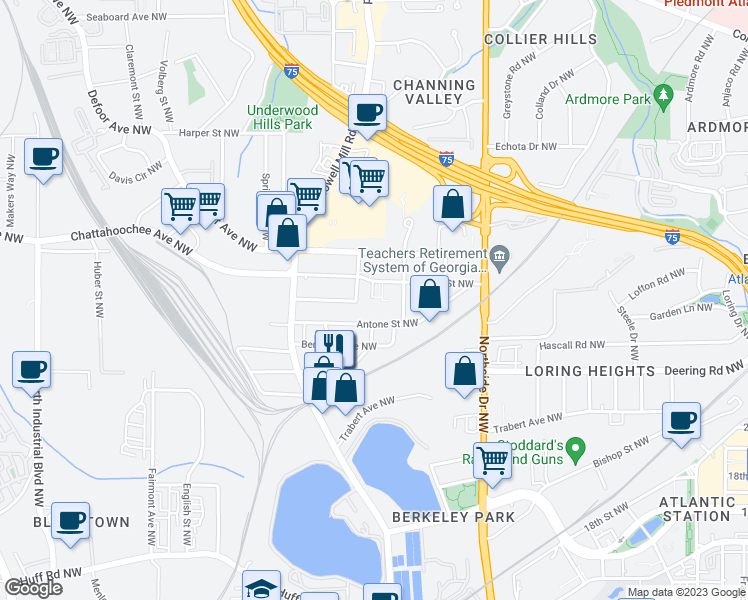 map of restaurants, bars, coffee shops, grocery stores, and more near 735 Antone Street Northwest in Atlanta