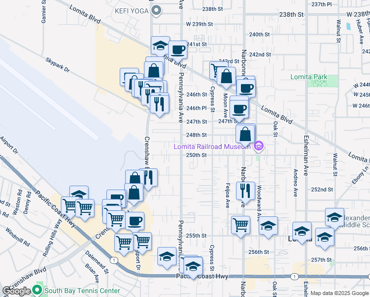 map of restaurants, bars, coffee shops, grocery stores, and more near 2354 250th Street in Lomita