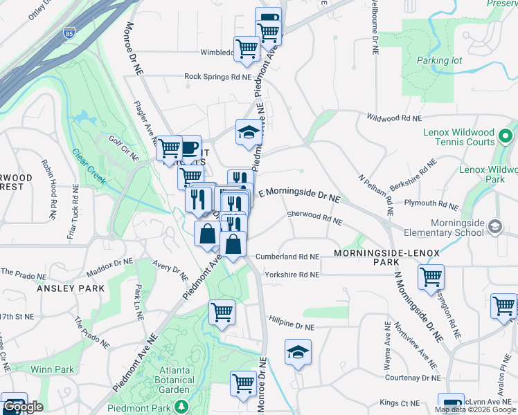 map of restaurants, bars, coffee shops, grocery stores, and more near 1599 Piedmont Avenue Northeast in Atlanta