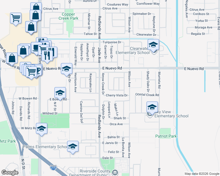 map of restaurants, bars, coffee shops, grocery stores, and more near 1469 Ashbury Way in Perris
