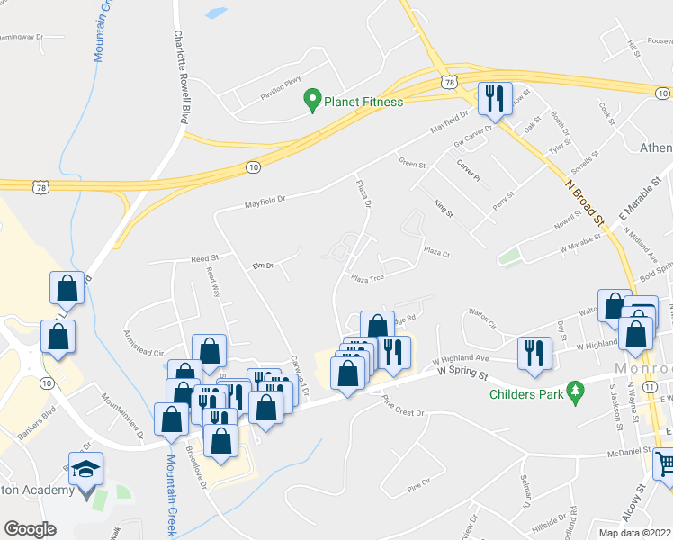 map of restaurants, bars, coffee shops, grocery stores, and more near 381 Plaza Drive in Monroe