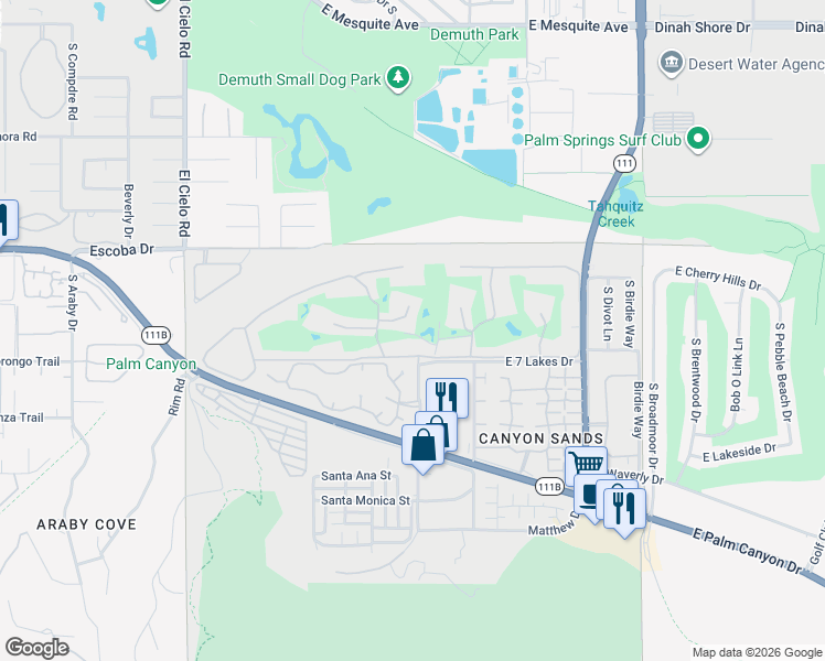 map of restaurants, bars, coffee shops, grocery stores, and more near 75 Westlake Circle in Palm Springs