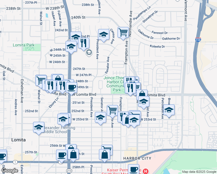 map of restaurants, bars, coffee shops, grocery stores, and more near 1401 Lomita Boulevard in Los Angeles