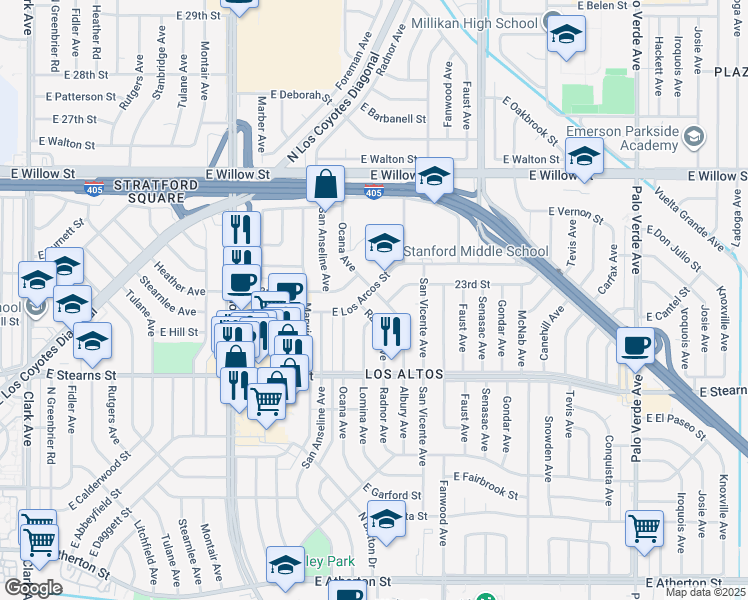 map of restaurants, bars, coffee shops, grocery stores, and more near 2291 Albury Avenue in Long Beach