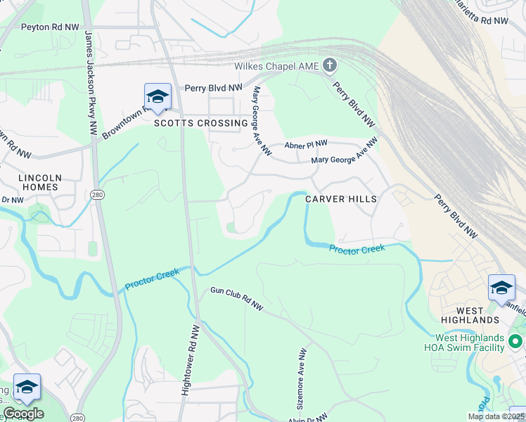 map of restaurants, bars, coffee shops, grocery stores, and more near 2621 Abner Place Northwest in Atlanta