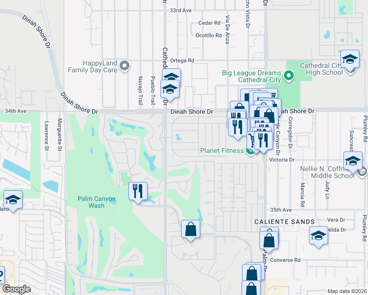 map of restaurants, bars, coffee shops, grocery stores, and more near 181 Zacharia Drive in Cathedral City