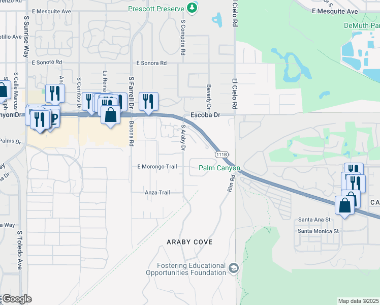 map of restaurants, bars, coffee shops, grocery stores, and more near 1784 South Araby Drive in Palm Springs