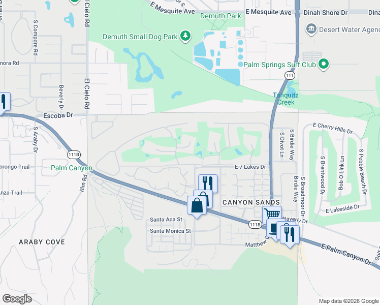map of restaurants, bars, coffee shops, grocery stores, and more near 75 Westlake Circle in Palm Springs