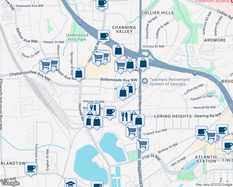 map of restaurants, bars, coffee shops, grocery stores, and more near 701 Antone Street Northwest in Atlanta