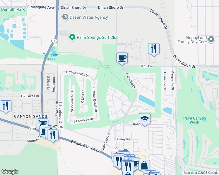 map of restaurants, bars, coffee shops, grocery stores, and more near 2225 Los Patos Drive in Palm Springs