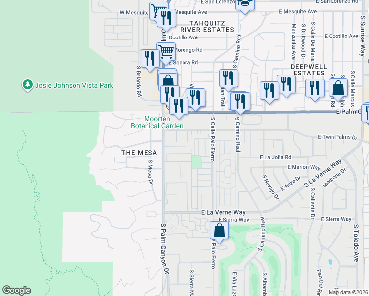 map of restaurants, bars, coffee shops, grocery stores, and more near 8 Bali Drive in Palm Springs