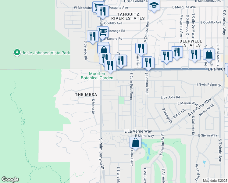 map of restaurants, bars, coffee shops, grocery stores, and more near 111 Canyon Rock Road in Palm Springs
