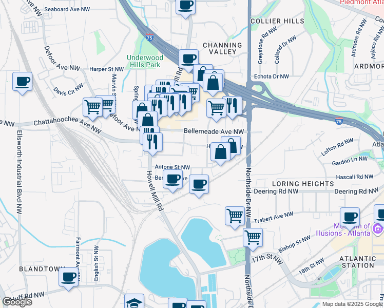 map of restaurants, bars, coffee shops, grocery stores, and more near 743 Holmes Street Northwest in Atlanta