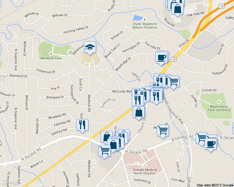 map of restaurants, bars, coffee shops, grocery stores, and more near 2513 McCurdy Way in Decatur