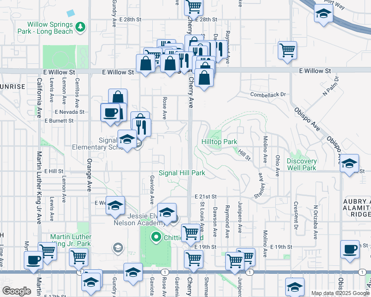 map of restaurants, bars, coffee shops, grocery stores, and more near 1900 East Creston Street in Signal Hill
