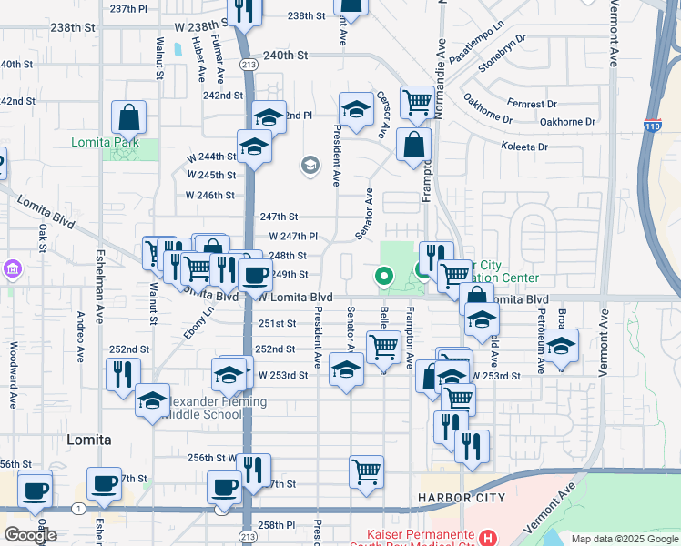 map of restaurants, bars, coffee shops, grocery stores, and more near 1451 Lomita Boulevard in Los Angeles