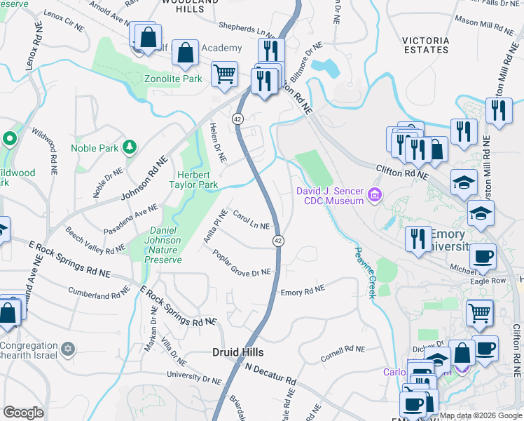 map of restaurants, bars, coffee shops, grocery stores, and more near 774 Briar Park Court Northeast in Atlanta