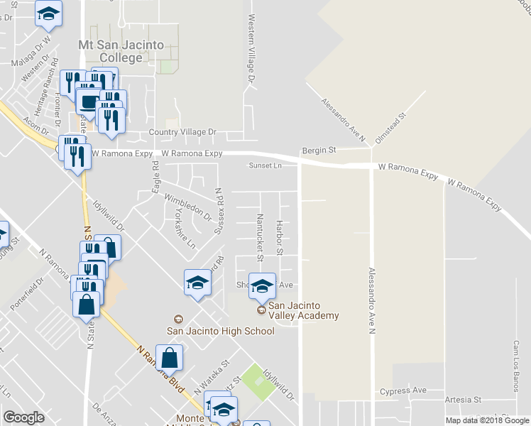 map of restaurants, bars, coffee shops, grocery stores, and more near 921 Nantucket Street in San Jacinto