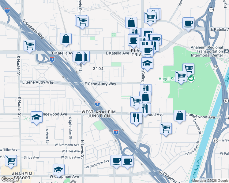 map of restaurants, bars, coffee shops, grocery stores, and more near 1800 East Gene Autry Way in Anaheim