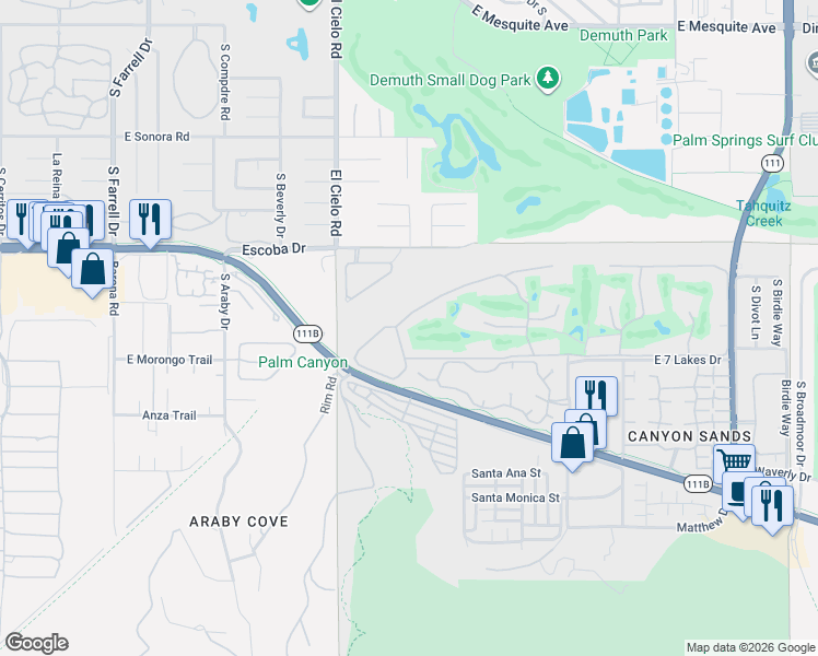 map of restaurants, bars, coffee shops, grocery stores, and more near 517 Desert Lakes Drive in Palm Springs