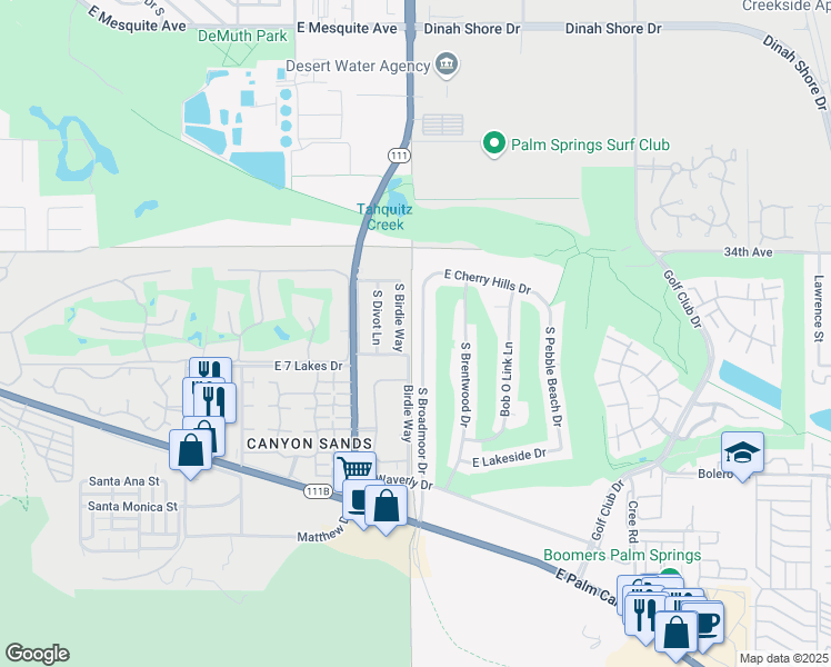 map of restaurants, bars, coffee shops, grocery stores, and more near 2089 South Broadmoor Drive in Palm Springs