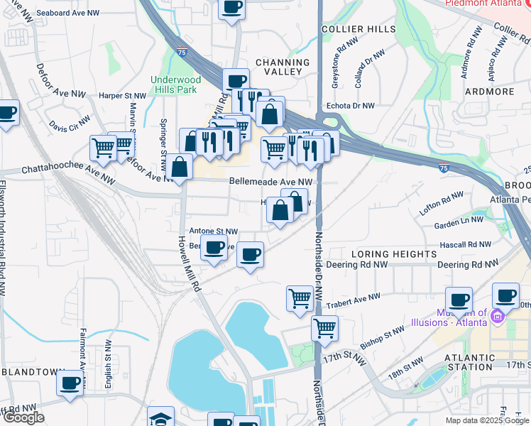 map of restaurants, bars, coffee shops, grocery stores, and more near 1611 Tallulah Street Northwest in Atlanta