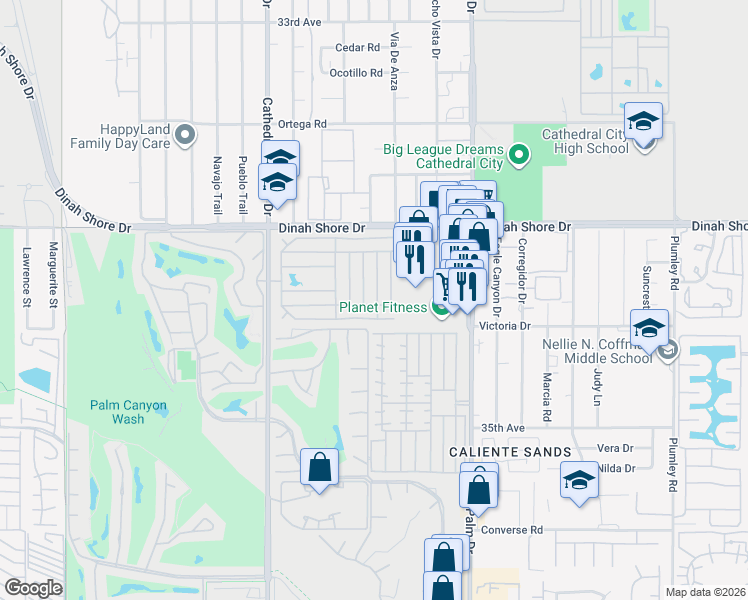 map of restaurants, bars, coffee shops, grocery stores, and more near 181 Zacharia Drive in Cathedral City