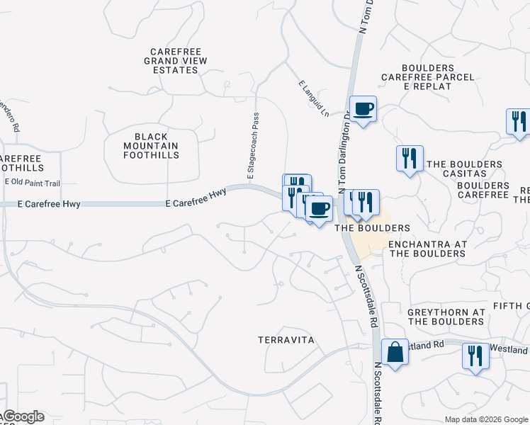 map of restaurants, bars, coffee shops, grocery stores, and more near 6892 East Nightingale Star Circle in Scottsdale