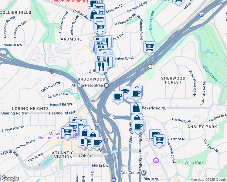map of restaurants, bars, coffee shops, grocery stores, and more near 1688 Peachtree Street Northwest in Atlanta