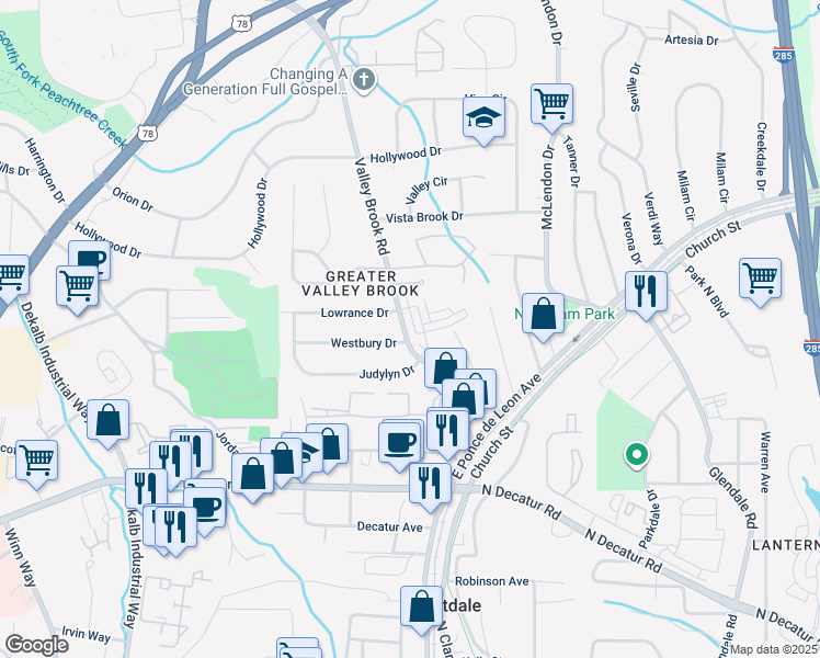 map of restaurants, bars, coffee shops, grocery stores, and more near 752 Auguste Avenue in Decatur