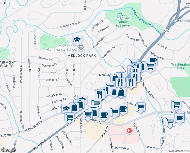 map of restaurants, bars, coffee shops, grocery stores, and more near 2427 Woodridge Drive in Decatur