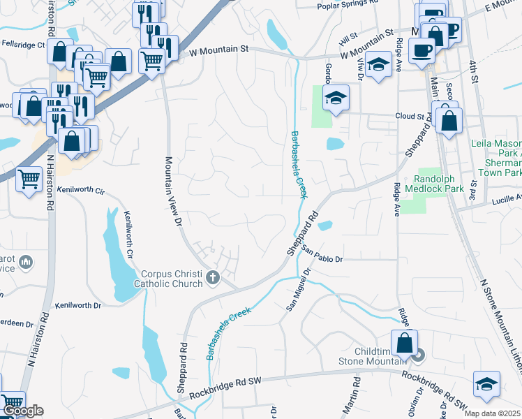 map of restaurants, bars, coffee shops, grocery stores, and more near 5123 Leland Drive in Stone Mountain